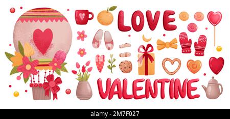 Grande set di elementi per st. San Valentino in stile doodle su sfondo rosa con cuori Foto Stock