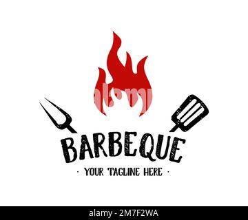 Logo barbecue e grigliate, emblemi, etichette, logo design di badge. Barbecue, grill e bar con fuoco, forchetta e spatola design vettoriale. Illustrazione Vettoriale