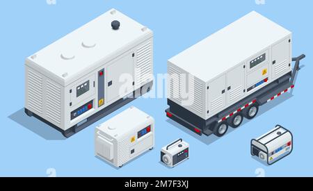 Isometrico generatore elettrico portatile, generatore-rimorchio, generatore diesel industriale. Generatore di standby. Tipo diverso di industriale e piccolo Illustrazione Vettoriale