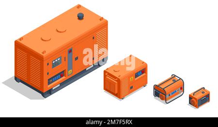 Generatore elettrico portatile isometrico, generatore diesel industriale. Generatore di standby. Diversi tipi di generatori industriali e piccoli Illustrazione Vettoriale