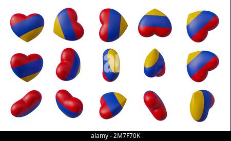 Cuori con bandiera di Armenia, Collezione con 15 tipi diversi cuori bandiera colore Armenia, cuore per San Valentino. 3d lavoro e 3d rendering Foto Stock