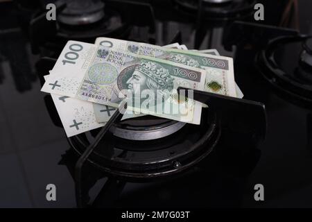 Banconote polacche zloty su un bruciatore di stufa a gas. Concetto di crisi energetica. Costo elevato di gas naturale. Aumento del prezzo del gas in Polonia e nel resto d'Europa. Foto Stock