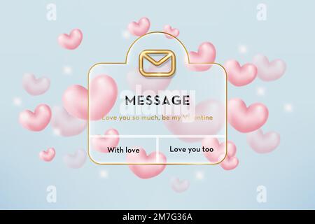Buon San Valentino con un messaggio pop-up e 3D cuori rosa. Rappresentazione realistica vettoriale in uno stile trendy Illustrazione Vettoriale