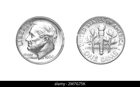 Obverse e inverso di 1964 una moneta d'argento di dime US isolato su sfondo bianco Foto Stock