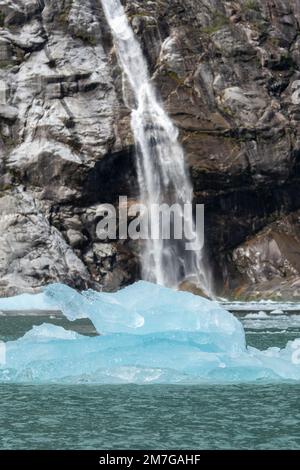 USA, Alaska, Stikine-LaConte Wilderness, ghiacciaio LaConte. Iceberg di fronte alla cascata. Foto Stock