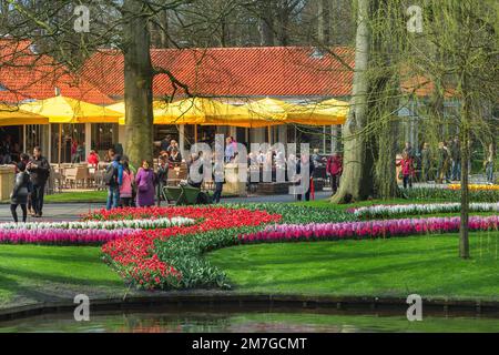 Lisse, Paesi Bassi - 4 aprile 2016: Padiglione del ristorante e fioritura del giardino di primavera del parco olandese Keukenhof Foto Stock