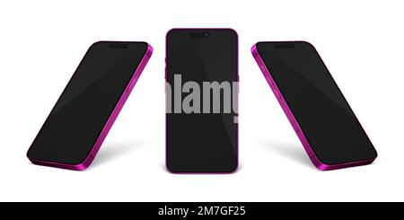 Vector 3D realistico rosa moderno smartphone Design modello Set Closeup isolato su sfondo bianco. Telefono cellulare Mockup. UI dispositivo telefonico UX Illustrazione Vettoriale