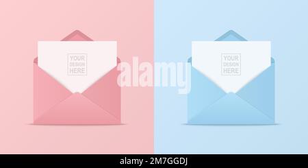 Vector 3D realistico chiuso, aperto Rosa e blu busta Set icona Closeup isolato. Busta con foglio di carta all'interno. Invito, messaggio, lettera Illustrazione Vettoriale