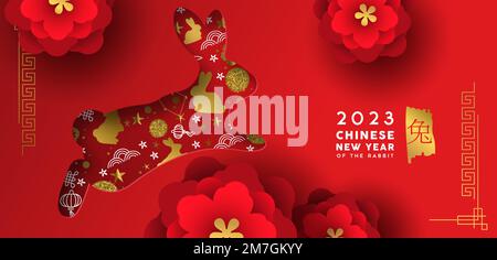 Capodanno cinese 2023 biglietto d'auguri papercut di coniglietto rosso saltando in stile moderno 3D taglio di carta con fiori fioriti tradizionali. Calligrafia tr Illustrazione Vettoriale