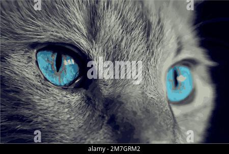 Funny Cat. Design creativo. Ritratto a colori di un gatto sorridente con occhi blu primo piano su sfondo bianco. Grafica vettoriale digitale Illustrazione Vettoriale