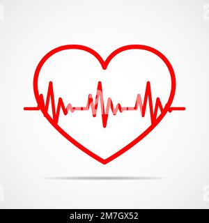 Cuore rosso icona con segno il battito cardiaco. Illustrazione Vettoriale. Cuore nel piatto stile contorno. Illustrazione Vettoriale
