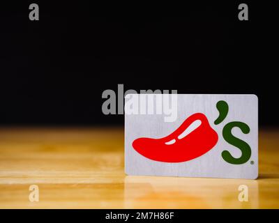 Buono omaggio per il Chili's Bar & Grill. Il Chili's è un ristorante informale americano fondato da Larry Lavine in Texas nel 1975. Foto Stock