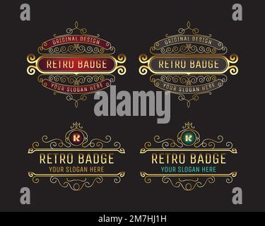 Set di distintivi ed etichette dorate retrò, ornamento floreale vintage di lusso per il logo branding Illustrazione Vettoriale