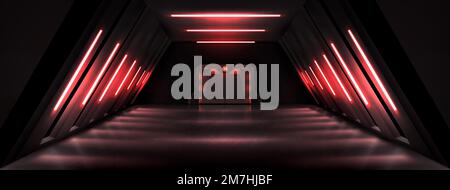 Sala scura con porta in metallo chiusa e illuminazione a lampada al neon rosso. Rappresentazione vettoriale realistica di laboratorio segreto, veicolo spaziale alieno, interno di riparo bomba con porta scorrevole. Edificio futuristico Illustrazione Vettoriale