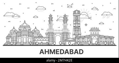 Profilo Ahmedabad India City Skyline con edifici storici isolati su bianco. Illustrazione vettoriale. Ahmedabad paesaggio urbano con punti di riferimento. Illustrazione Vettoriale