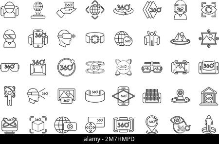 Le icone del tour virtuale impostano il vettore di contorno. Freccia video. Design dell'app Illustrazione Vettoriale