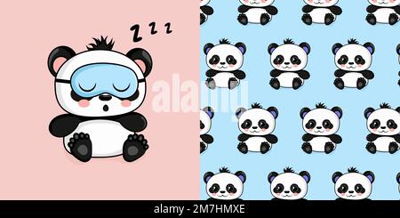 Set con simpatico panda in maschera dormiente e modello senza cuciture con panda bambino. Illustrazione Vettoriale