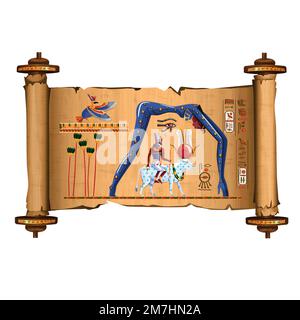 Antico Egitto papiro rotolo vettore cartoon con geroglifici e simboli religiosi della cultura egiziana, Ra siede sul dorso della mucca, sopra di esso in forma di notte cielo dea Nut, Ra lasciando per la leggenda del cielo Illustrazione Vettoriale