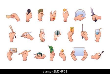 Mani con oggetti. Cartoon dita umane che tengono diversi oggetti e dispositivi, braccia colorate con gesti diversi doodle stile piatto. Set Vector bicchiere a sfera, caffè a stella e coltello Illustrazione Vettoriale
