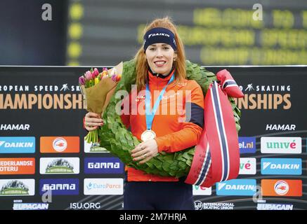 Antoinette Rijpma de Jong (NED) campione europeo Allround durante i Campionati europei di velocità ISU il 8 gennaio 2023 alla sala di Hamar Olymic di Hamar, Norvegia Foto di SCS/Soenar Chamid/AFLO (HOLLAND OUT) Foto Stock