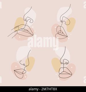 Elegante silhouette femminile sulle labbra. Set di loghi per studio permanente. Disegno a mano contorno donne facce su macchie colorate. Illustrazione astratta del vettore nella Illustrazione Vettoriale