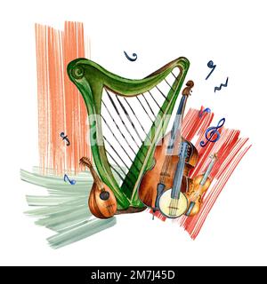 Arpa, violino, contrabbasso, banjo e pittura traccia acquerello illustrazione isolata. Strumenti musicali a corda disegnati a mano. Elemento di design per volantino, Foto Stock