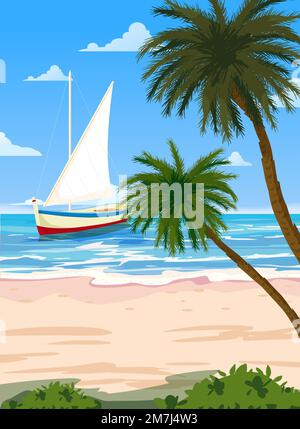 Poster Viaggi, Tropical Seascape, spiaggia, palme, barca a vela, poster, vista mare paesaggio. Stile vintage Illustrazione Vettoriale