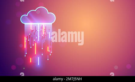 Concetto di cloud computing. L'archiviazione digitale dei dati nelle forme icona del cloud con pioggia digitale consiste in bit quadrati, linee al neon. Connessione di rete del computer Illustrazione Vettoriale