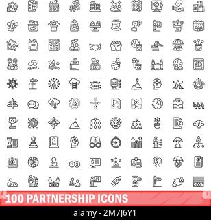 100 icone di relazione impostate. Illustrazione di 100 icone di partnership set vettoriale isolato su sfondo bianco Illustrazione Vettoriale