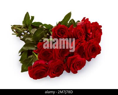 Il bouquet di rose rosse con un'ombra giace su uno sfondo bianco Foto Stock