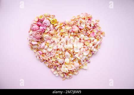 Cuore fatto di petali rosa e giallo. Petali di rosa cuore su sfondo rosa. Vista dall'alto con spazio di copia per il testo. Amore e concetto romantico. Foto Stock