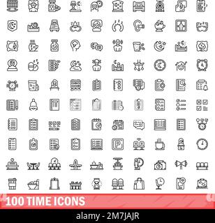 100 icone dell'ora impostate. Illustrazione di 100 icone temporali con set vettoriale isolato su sfondo bianco Illustrazione Vettoriale
