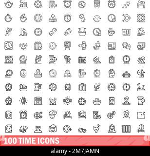 100 icone dell'ora impostate. Illustrazione di 100 icone temporali con set vettoriale isolato su sfondo bianco Illustrazione Vettoriale