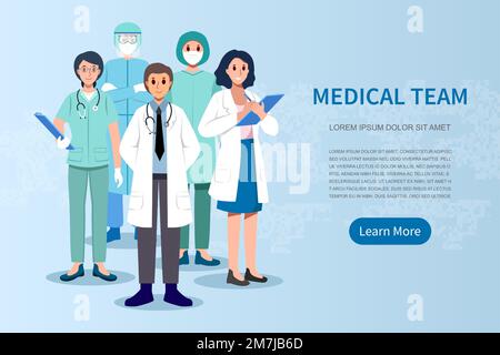 Team medico . Medico chirurgo infermiere assistente e DPI camice . Personaggi dei cartoni animati . Vettore . Illustrazione Vettoriale