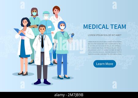 Team medico . Medico chirurgo infermiere assistente e DPI camice . Personaggi dei cartoni animati . Vettore . Illustrazione Vettoriale