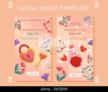 Design dei modelli di storie sui social media verticali per San Valentino. Serratura e chiave a forma di cuore, bottiglia pozione, cornice floreale, cuori con ali. Speciale Pr Illustrazione Vettoriale