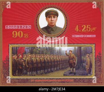 2022 francobollo della Corea del Nord che celebra Kim il Sung come fondatore dell'Esercito rivoluzionario del popolo coreano. 90th° anniversario Foto Stock