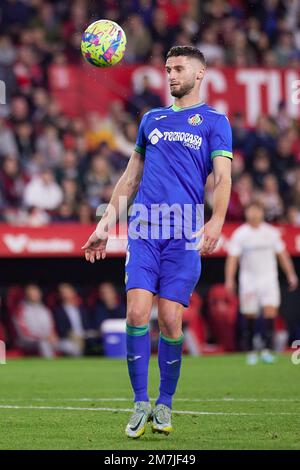 Siviglia, Spagna. 08th, gennaio 2023. Domingos Duarte (6) di Getafe visto durante la partita di LaLiga Santander tra Sevilla FC e Getafe all'Estadio Ramon Sanchez Pizjuan di Siviglia. (Photo credit: Gonzales Photo - Jesus Ruiz Medina). Foto Stock