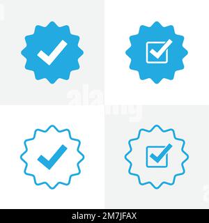 Icona blu per il profilo dei social media verificato. Kit con quattro icone. Segnale approvato. Stella blu con angoli arrotondati a segno di spunta. Logo di inizio pagina con approvazione ico Illustrazione Vettoriale