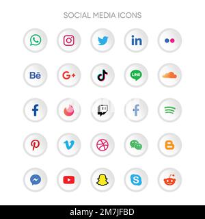 San Paolo, Brasile - 25 settembre 2022. Collezione di popolari logo dei social media. Facebook, instagram, twitter, linkedin, youtube, telegramma, vimeo, sna Illustrazione Vettoriale