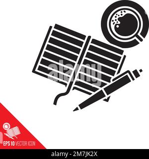 Icona del glifo vettoriale del notebook e della penna a sfera. Simbolo del concetto di creatività. Illustrazione Vettoriale