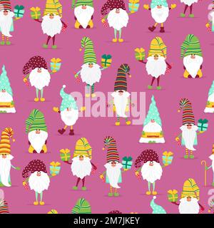 Gnomes divertenti con i regali modello senza cuciture. Gnomes allegro in cappelli vettore caratteri stile piatto Illustrazione Vettoriale