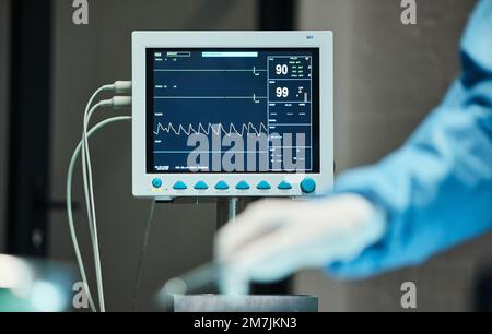 Monitor per elettrocardiogramma, mani del medico con bisturi per chirurgia, assistenza sanitaria o assistenza medica. Zoom, schermo o mano infermiera in teatro per la fiducia Foto Stock