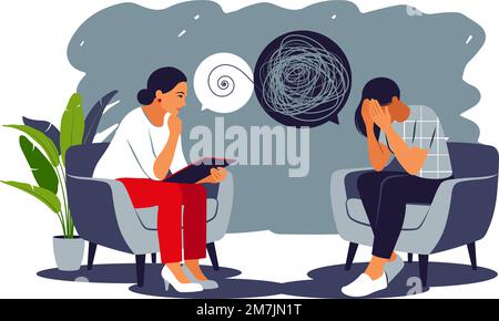 Donna durante una sessione di terapia mentale con uno psicoterapeuta o uno psicologo. Due donne sono sedute e parlano. Concetto di salute mentale. Vettore Illustrazione Vettoriale