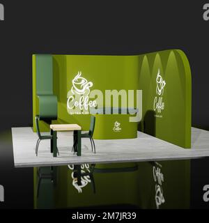 Immagine stand fiera 3D, colore verde +design stand fiera, concetto coffee shop Foto Stock