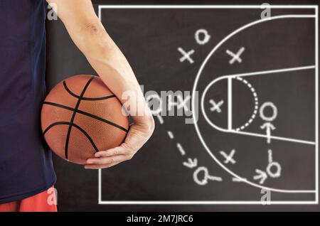 Immagine ritagliata di un giovane uomo che tiene una palla da basket con la mano che indossa una maglietta blu e una tattica di gioco di basket con gesso bianco su blackboa Foto Stock