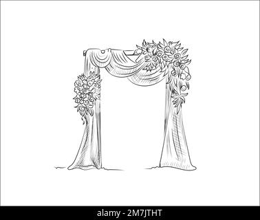 Disegno disegnato a mano dell'arco decorato per l'illustrazione vettoriale della cerimonia nuziale su sfondo bianco. Illustrazione Vettoriale