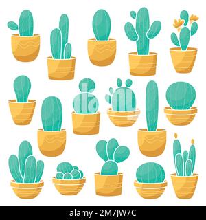 Set Cactus. Una collezione di graziose piante piatte minimaliste in pentole. Semplici illustrazioni del clipart dei cartoni animati da stampare su adesivi. Logo ed emblemi per un Illustrazione Vettoriale