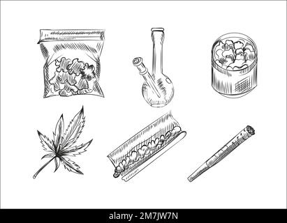 Set di schizzi disegnati a mano di utensili per fumare Weed. Fumo di marijuana. Illustrazione vettoriale .macinacaffè, Marijuana Leaf, Illustrazione Vettoriale