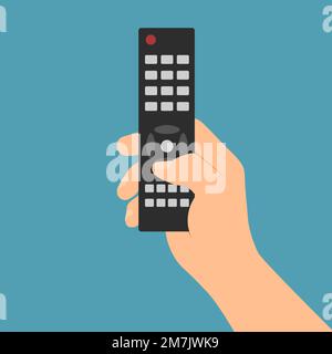 Una mano maschile tiene il telecomando di un televisore o di un lettore e preme un tasto - vettore su uno sfondo verde Illustrazione Vettoriale